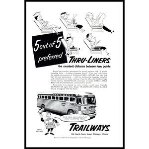1953 Trailways Coach Bus Lines Vintage Print Ad Reclining Seats Tours Wall Art